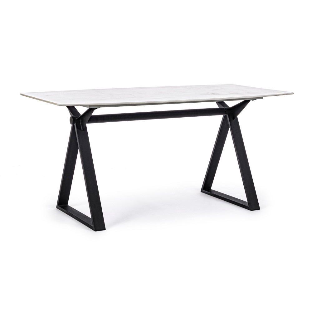 Tavolo bianco acciaio e vetro effetto marmo stile design cm 160x90 - Samnite