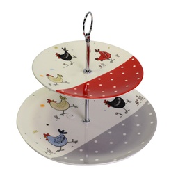 [S-V5857070000] Alzata ceramica bianco 2 piani galline tondo 26x25 cm