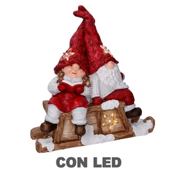[S-V6168460000] Babbo Natale LED in Resina con Bimba Rossa - 40x26x15 cm