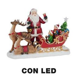 [S-V6318350000] Babbo Natale in resina con renna e slitta rossa cm38,5x17,5h27 a LED