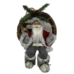 [S-V6190880000] Ghirlanda grigio rosso con Babbo Natale in tessuto - cm23,5x13,5h30