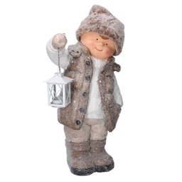 [S-V6332630000] Statuetta Bambino in Resina con Lanterna Beige 30x21x51 cm