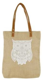 [S-V9123990000] Borsa in iuta con decorazione gufo, 28x9x37 cm
