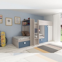 [100293] Cameretta 1260 con letto a castello con due cassettoni e armadio colore bianco vintage e azzurro