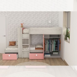 [S-FZ100297] Cameretta 1267 con letto a castello con due cassettoni e armadio colore bianco consumato e rosa flamingo