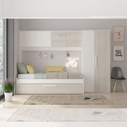 [S-FZ100286] Cameretta a ponte 6006 con letto estraibile e armadio colore bianco consumato e bianco