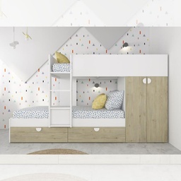 [S-FZ100303] Cameretta con letto a castello con cassettoni e armadio colore rovere e bianco