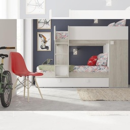[S-FZ100298] Cameretta con letto a castello e letto estraibile con armadio integrato colore bianco consumato e bianco reversibile