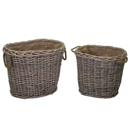 [S-V4717850000] Cesta portalegna ovale in vimini con manici 1-2 foderata in juta naturale cm57x46h46