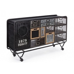 [S-B0745794] Credenza in acciaio un anta undici cassetti Antracite LIVERPOOL 128x33,5x h78,5 cm