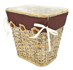 [S-V3624780000] Cestino carta rattan bianco singolo con fodera marrone e fiori rettangolari cm25xh25x20