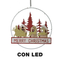 [S-V6329400000] Ghirlanda in metallo e legno con scritta LED rosso - 24x3,5x40,5 cm