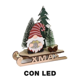 [S-V6329510000] Gnomo di legno su slitta con luci LED rosse, 18x7x18,5 cm