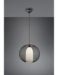 [S-TRIO313900132] Lampadario Sospensione Gabbia Tonda Metallica Nero Con Vetro Opale
