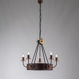 [S-BL228-5-RG] Lampadario ferro Nero Ruggine rifinitura Oro impero cinque luci 59x h52 cm