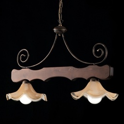 [S-BL199-2-BR] Lampadario in Legno e ferro Noce Antico due luci paralumi in vetro 88x h50 cm