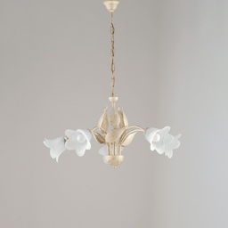 [S-BL155-5-AV] Lampadario in ferro Avorio Oro cinque luci vetri Alabastro Bianchi 68x h43 cm