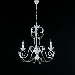 [S-BL77-3-BCO] Lampadario in ferro Bianco Shabby strass damasco tre luci 47x h60 cm