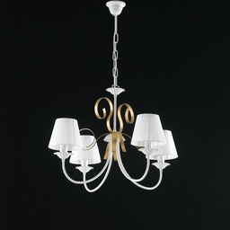 [S-BL139-4-BO-PAR] Lampadario in ferro Bianco shabby Oro paralumi Bianchi quattro luci 71x h47 cm