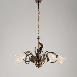 [S-BL179-5-BR] Lampadario in ferro Marrone Oro Vetri Bianchi Ambra cinque luci 73x h43 cm