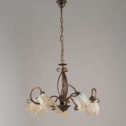 [S-BL211-5-BR] Lampadario in ferro Marrone Oro cinque luci paralumi in vetro Bianco Ambra 64x h45 cm