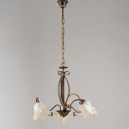 [S-BL211-3-BR] Lampadario in ferro Marrone Oro tre luci paralumi in vetro Bianco Ambra 51x h43 cm