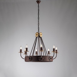 [S-BL228-8-RG] Lampadario in ferro Nero Ruggine rifinitura Oro impero otto luci 76x h57 cm