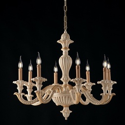 [S-BL180-8-AV] Lampadario in legno Avorio e foglia Oro otto luci 80x h70 cm
