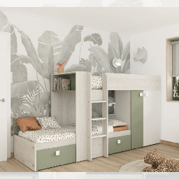 [S-FZ98420] Letto a castello 1268 bianco vintage e verde con armadio e cassetti