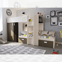 [98419] Letto a castello 1371 bianco vintage, beige e marrone con armadio e cassetti