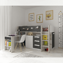 [S-FZ98423] Letto a soppalco 6020 bianco antracite con scrivania estraibile