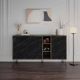 [S-FZ99370] Madia Clara Bendir dark coffe 3 ante effetto marmo nero 142x35,5x83h