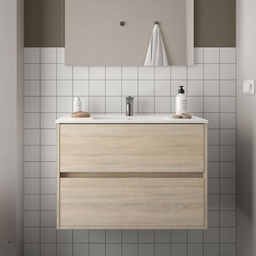 [S-FZ100253] Mobile bagno sospeso Claros80 rovere caledonia con lavabo 2 cassetti 80x45x56h