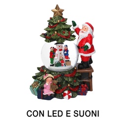[S-V6159760000] Palla di vetro con Babbo Natale in resina, luci a LED e musica cm16x15h25