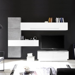 [S-FZ88037] Parete Attrezzata Bianco Lucido e Effetto Cemento 265xh.200x42 cm