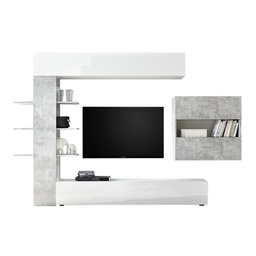 [S-FZ83037] Parete attrezzata da soggiorno Bianco e cemento  L.295xP30xh.187 cm