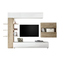 [S-FZ83036] Parete attrezzata da soggiorno Bianco e rovere  L.295xP30xh.187 cm