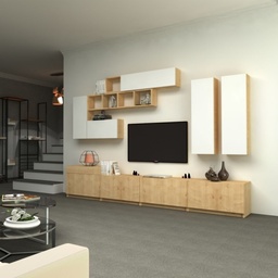 [S-FZ94345] Parete attrezzata quattro ribalte sei pensili Bianco Rovere DOMINO 280x35x h 40/50 cm
