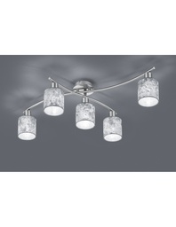[S-TRIO605400589] Plafoniera Nichel 5 Paralumi Tessuto Argento L75 cm