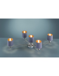 [S-TRIO605400541] Plafoniera Nichel 5 Paralumi Tessuto Tortora Oro L75 cm