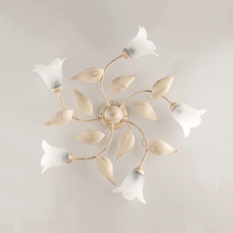 [S-BL155-PL5-AV] Plafoniera in ferro Avorio Oro cinque luci vetri Alabastro Bianchi 70x h20 cm