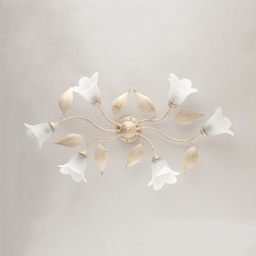 [S-BL155-PL6-AV] Plafoniera in ferro Avorio Oro sei luci vetri Alabastro Bianchi 95x52x h20 cm