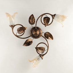 [S-BL179-PL3-BR] Plafoniera in ferro Marrone Oro Vetri Bianchi Ambra tre luci 59x h20 cm