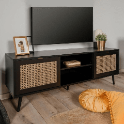 [S-FZ99100] Porta TV Vienna56A 2 ante e vano a giorno nero con frontali effetto vimini