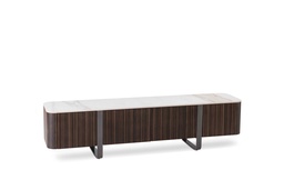 [S-PT/013] Porta TV in oro-ebano con top in ceramica marmo calacatta, struttura in MDF impiallacciato e gambe in metallo, 40x180x45 cm