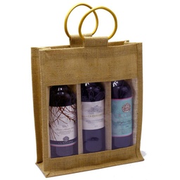 [S-V4506220000] Portabottiglie in juta con manici rattan, 3 posti, 27x9x32 cm