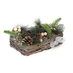 [S-V6327870000] Portacandele con pigne e bacche bianche cm20x13h8