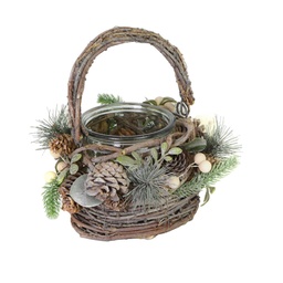 [S-V6327890000] Portacandele con manico pigne e bacche bianche 16x16x27 cm