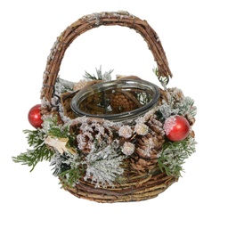 [S-V6327990000] Portacandele innevato con manico e bacche rosse ø16h11-27 cm