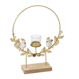 [S-V6195260000] Portacandele con uccellini in metallo dorato 35x8x29 cm